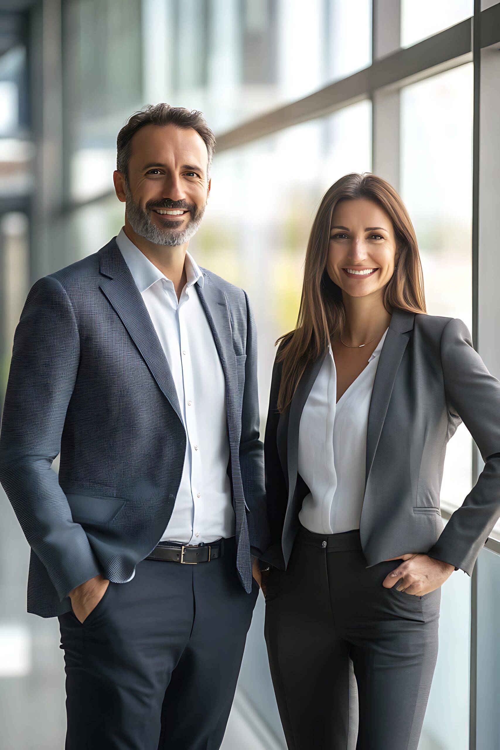 smiling-man-woman-business-attire-standing-front-window
